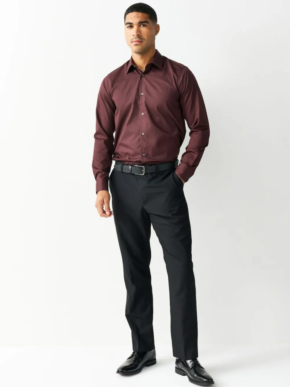 Next Burgundy Red Regular Fit Easy Care Textured Single Cuff Smart Shirt^ Shirts
