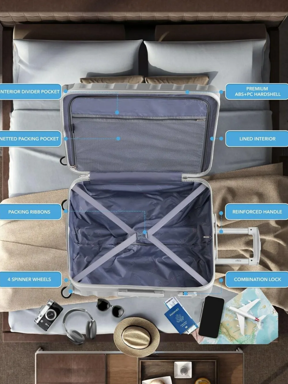CABIN PRO Silver Set of 2 Medium & Large Check-In Hold Luggage Hardcase Travel Suitcases^Women Luggage