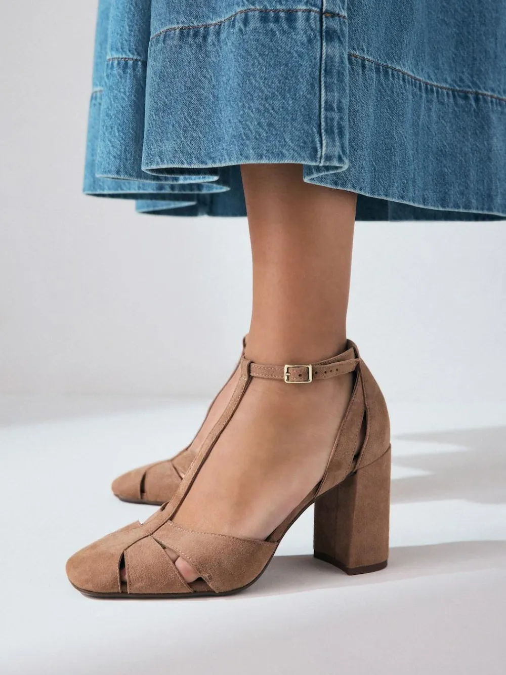 Sale Next Camel Suede Leather Round Toe Cut Out T-Bar Block Heel Shoes