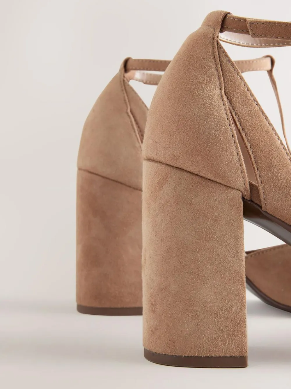 Sale Next Camel Suede Leather Round Toe Cut Out T-Bar Block Heel Shoes