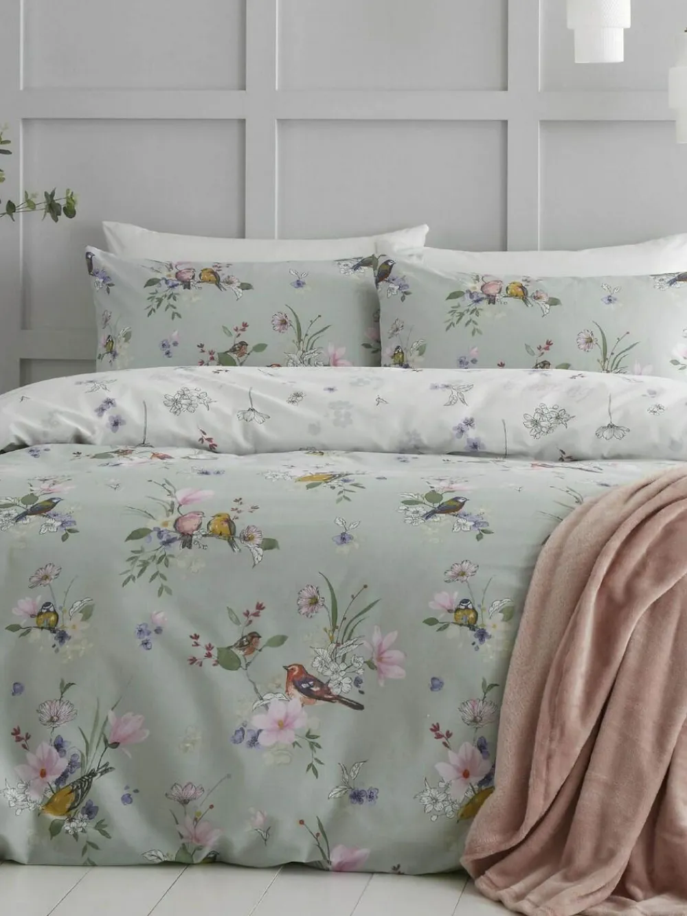 Discount Catherine Lansfield Songbird Reversible Duvet Cover and Pillowcase Set Green