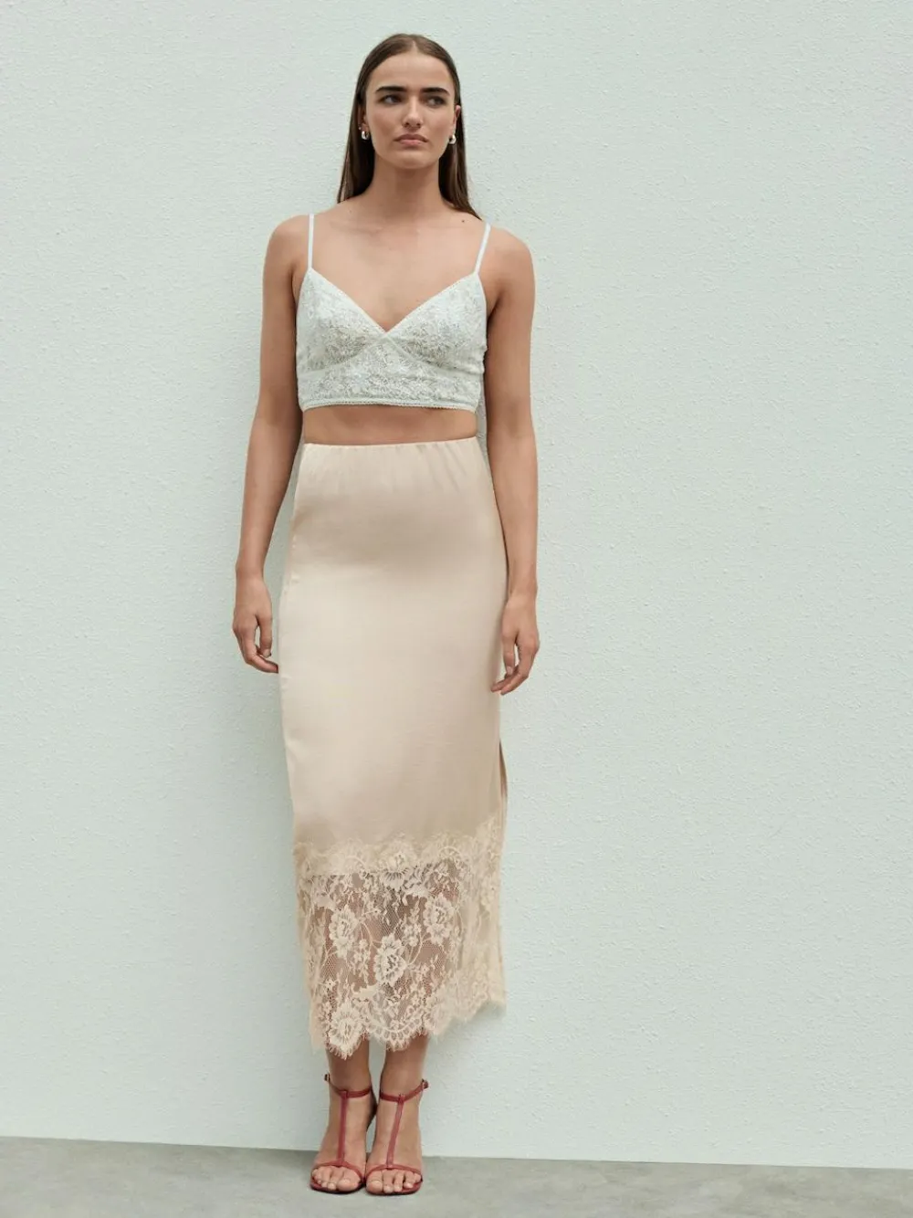 Next Satin Midi Skirt With Lace Trim^Women Skirts
