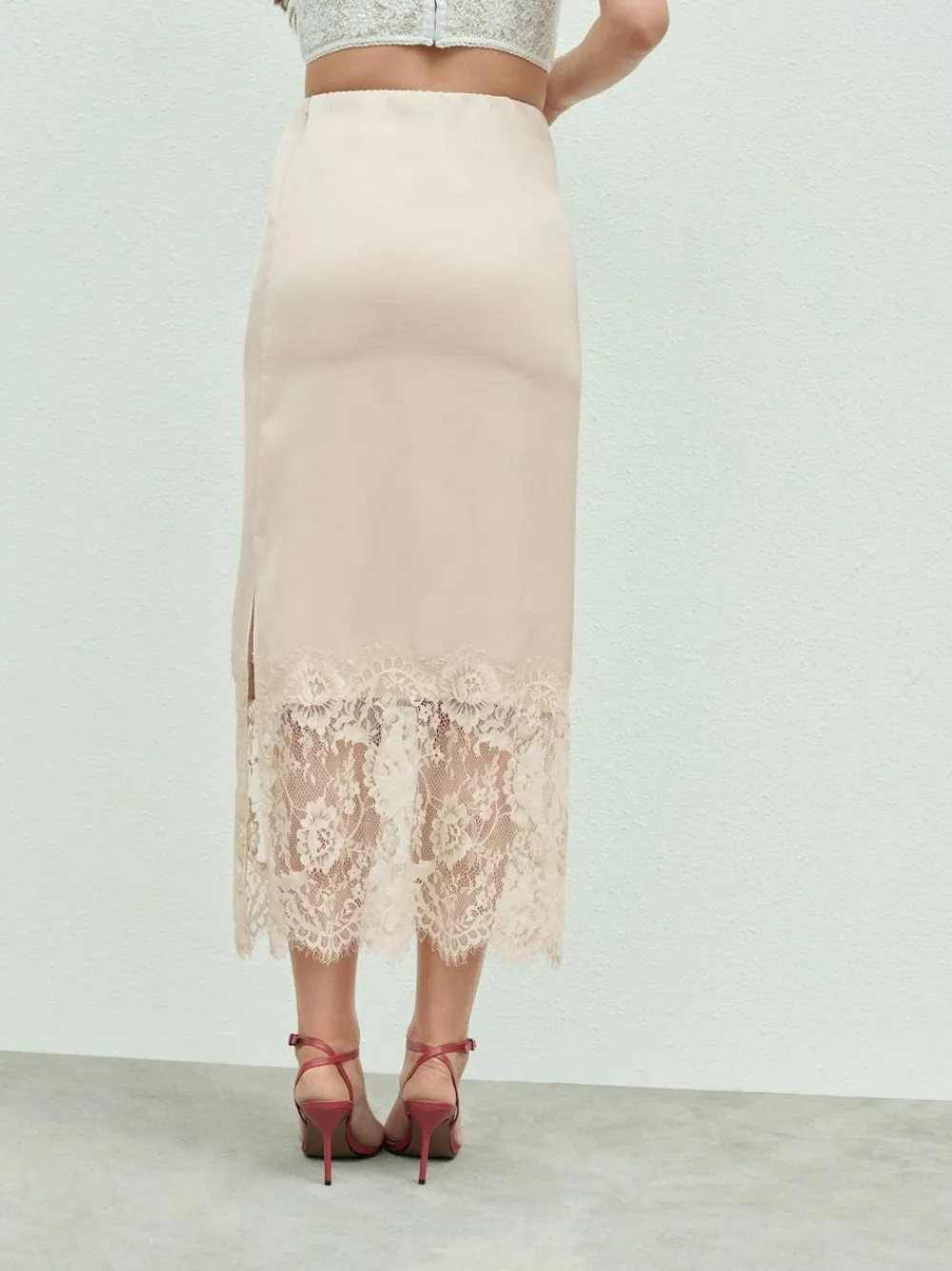 Next Satin Midi Skirt With Lace Trim^Women Skirts