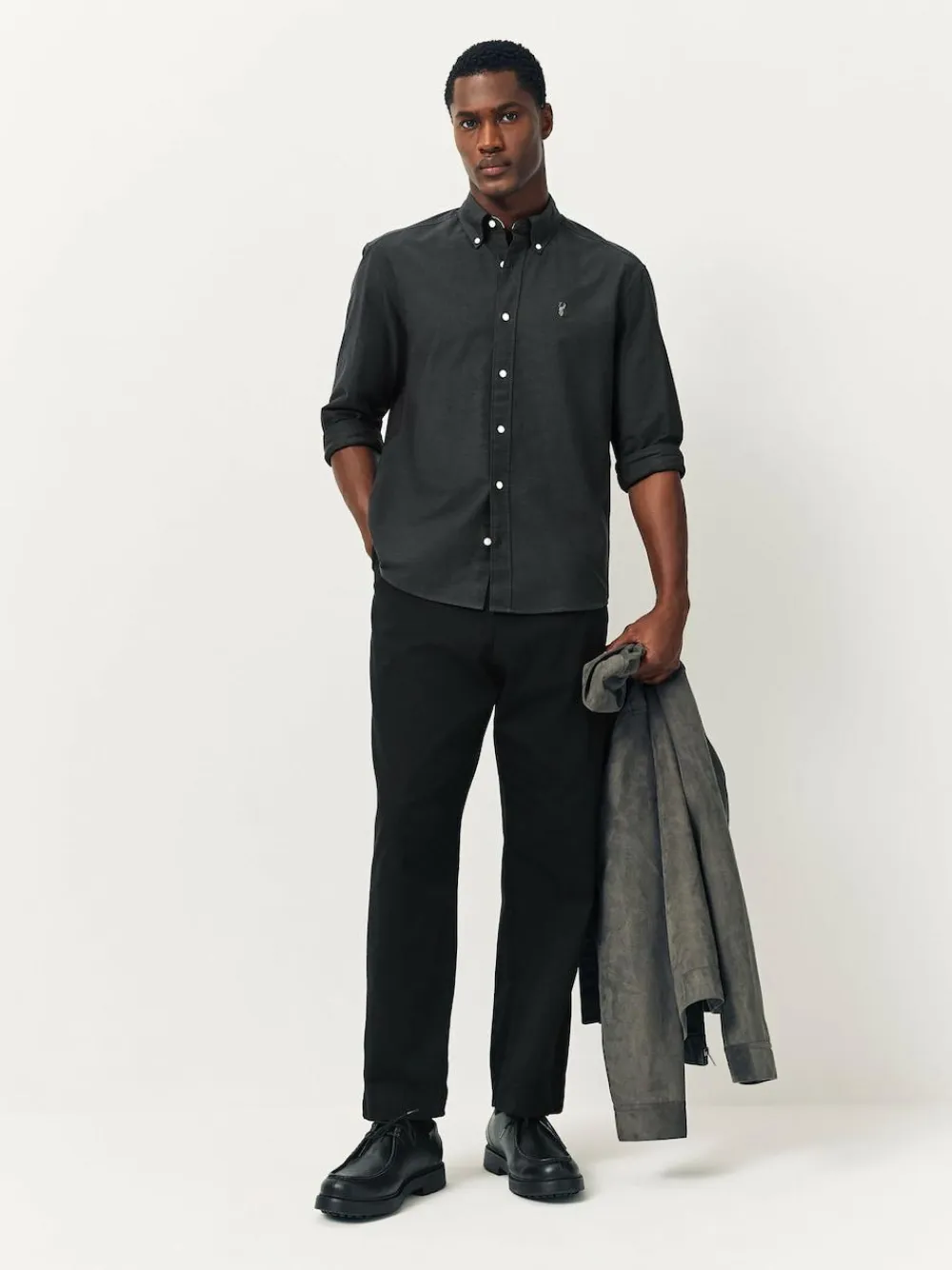 Hot Next Charcoal Grey Slim Fit Long Sleeve Oxford Shirt