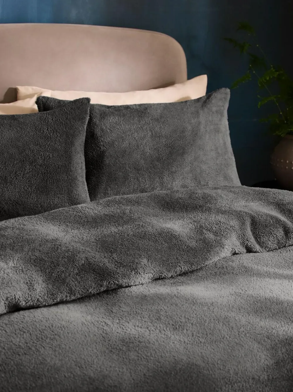 Online Next Charcoal Grey Teddy Fleece Duvet Cover and Pillowcase Set