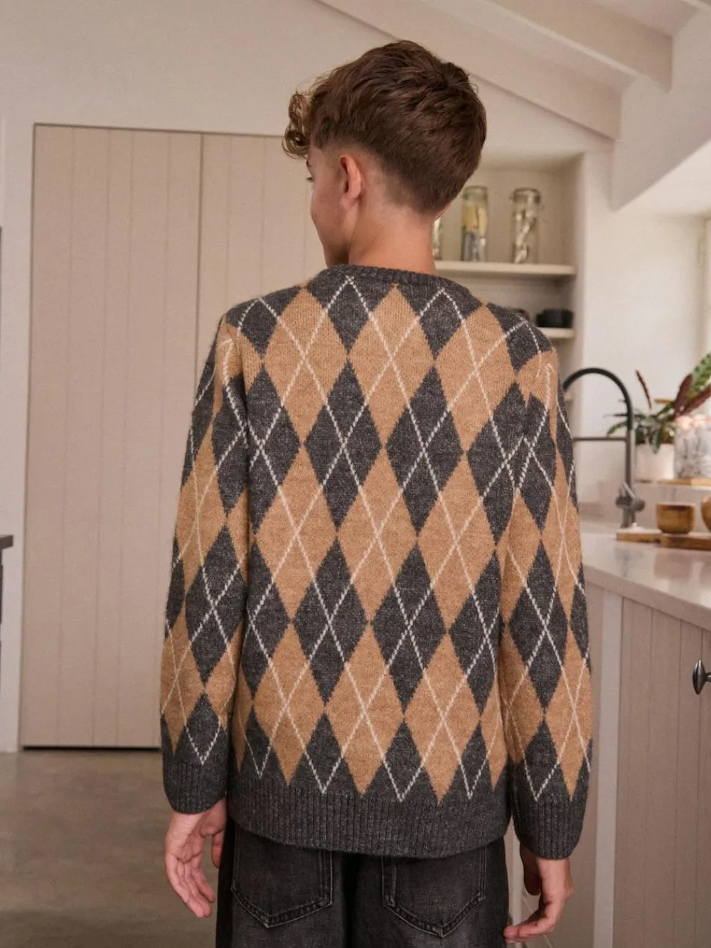 Outlet Next Knitted Crew Neck Jumper (3-16yrs) Charcoal Grey/Tan Brown Argyle