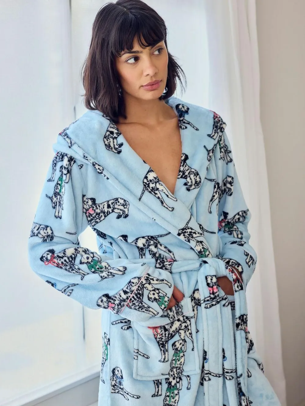 Chelsea Peers Blue Fleece Dalmatian Dogs Print Dressing Gown^Women Bathrobes