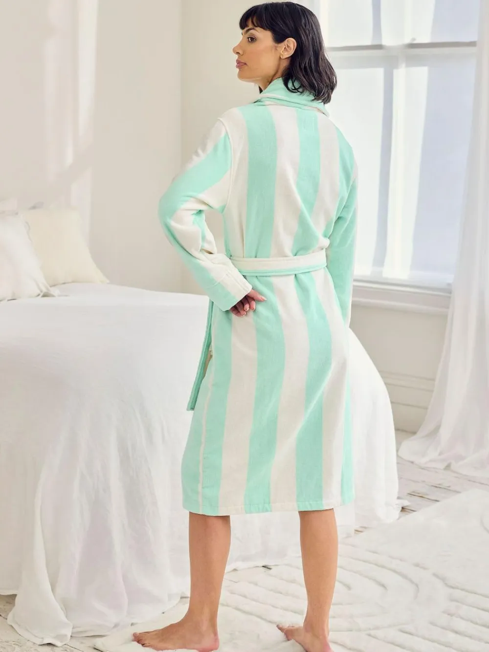 Chelsea Peers Green Cotton Towelling Stripe Dressing Gown^Women Bathrobes