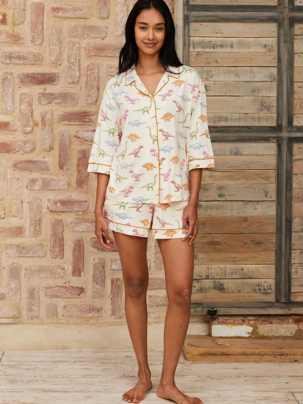 Online Chelsea Peers White Short Pyjamas Dinosaur Print Long Pyjama Set