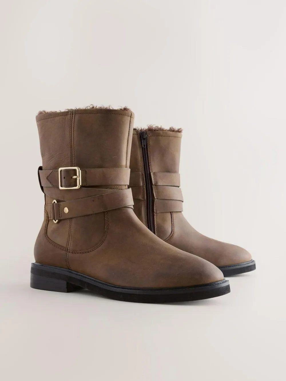 Next Forever Comfort® Borg Lined Buckle Trim Ankle Boots Chestnut Brown Oiled Leather