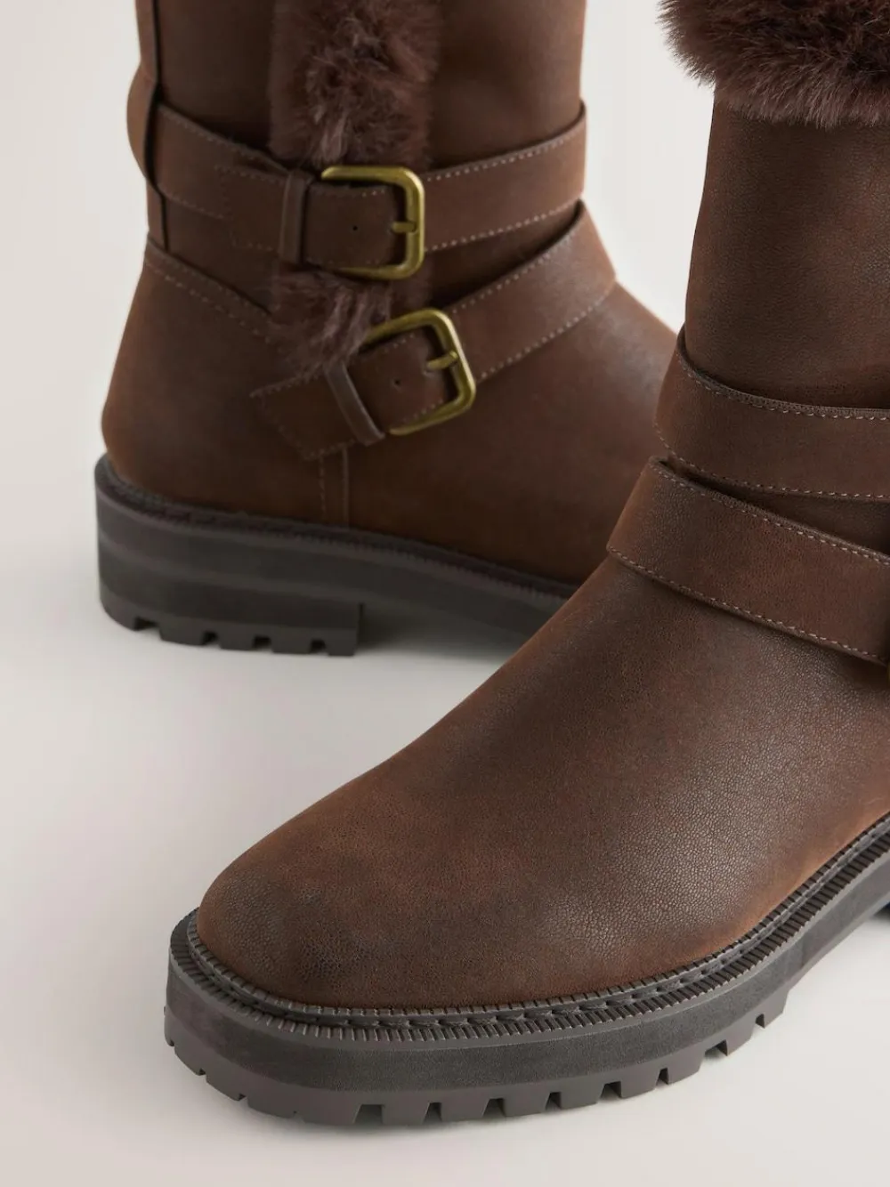 Next Extra Wide Fit Forever Comfort® Double Buckle Faux Fur Lined Ankle Boots^Women Wide Fit & Extra Wide Fit