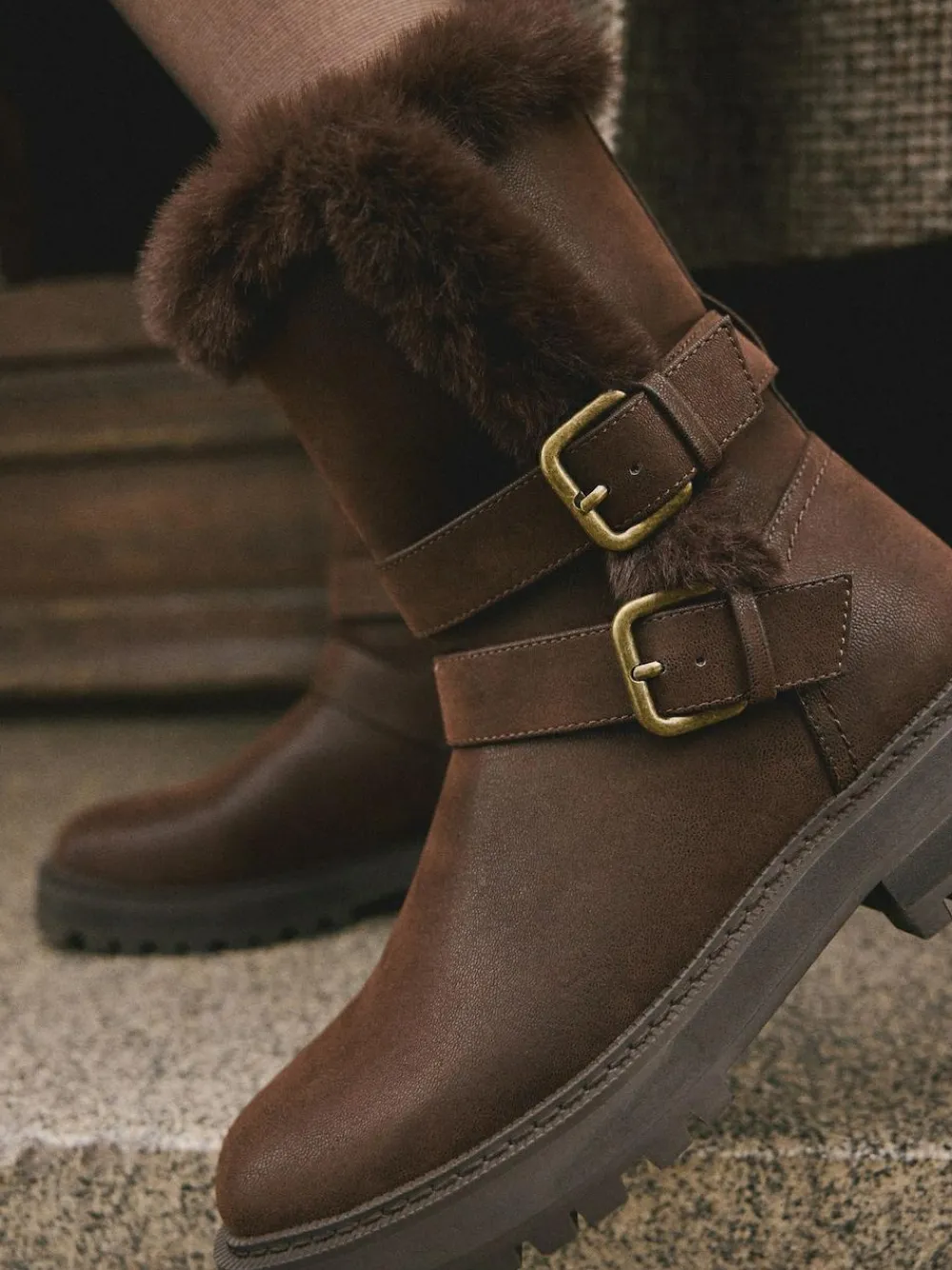 Next Extra Wide Fit Forever Comfort® Double Buckle Faux Fur Lined Ankle Boots^Women Wide Fit & Extra Wide Fit