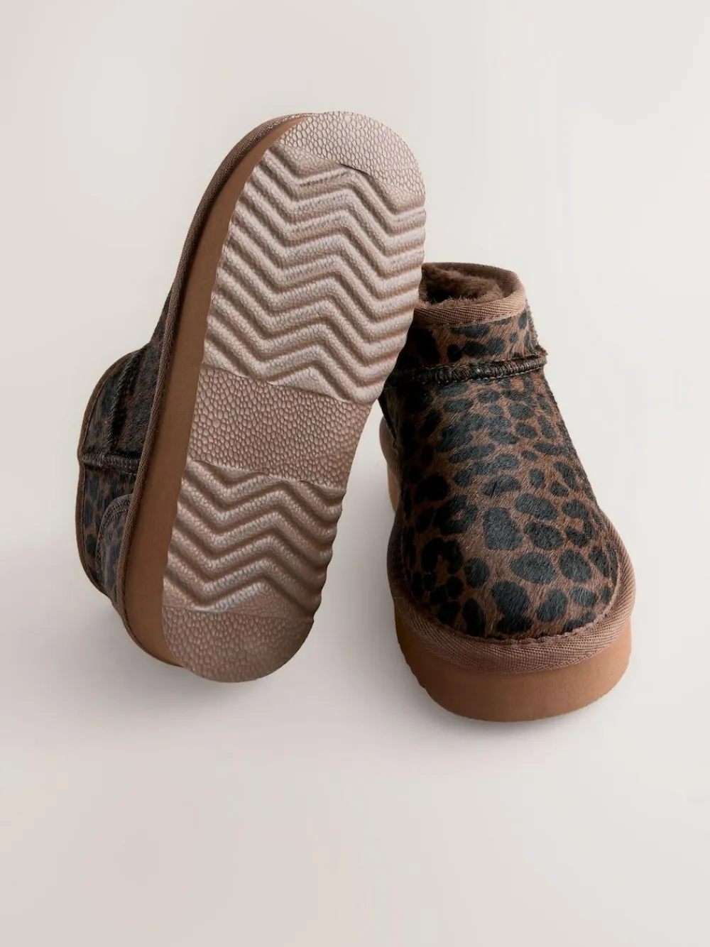 Clearance Next Chocolate Brown Leopard Print Standard Fit (F) Flatform Mini Warm Lined Water Repellent Suede Pull-On Boots