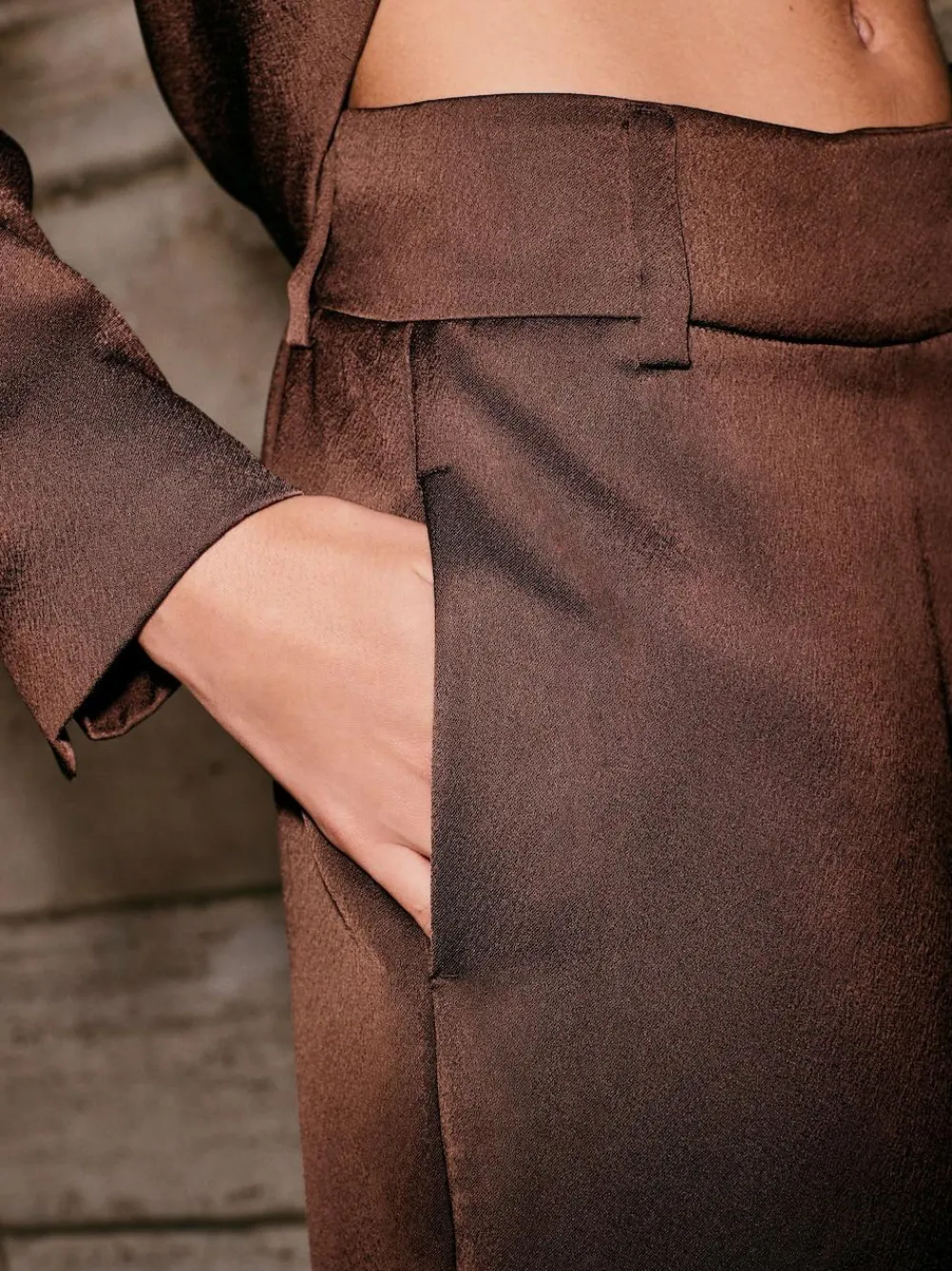 Next Chocolate Brown Satin Elastic Back Wide Leg Trousers^Women Pants