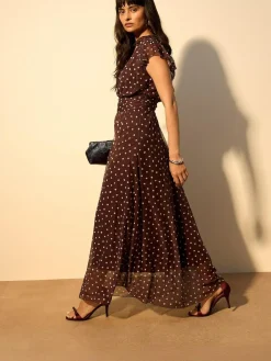 Next Pleated Mesh Print V-Neck Occasion Maxi Dress^Women Occasionwear|Occasion Dresses