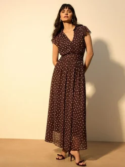 Next Pleated Mesh Print V-Neck Occasion Maxi Dress^Women Occasionwear|Occasion Dresses