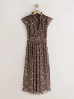 Next Pleated Mesh Print V-Neck Occasion Maxi Dress^Women Occasionwear|Occasion Dresses