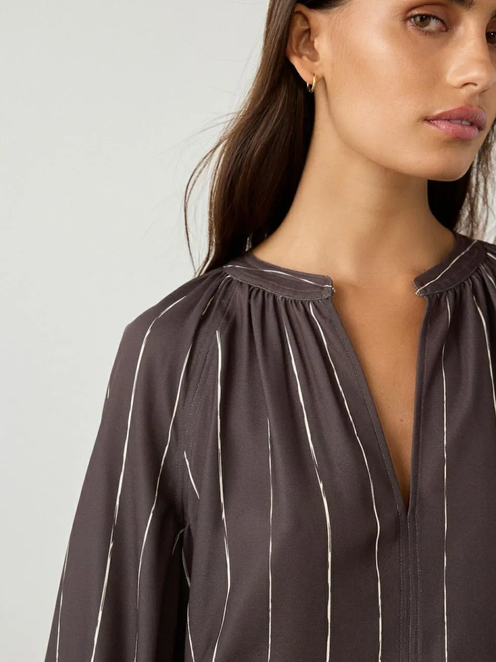 Discount Next Chocolate Brown Stripe Long Sleeve V-Neck Blouse