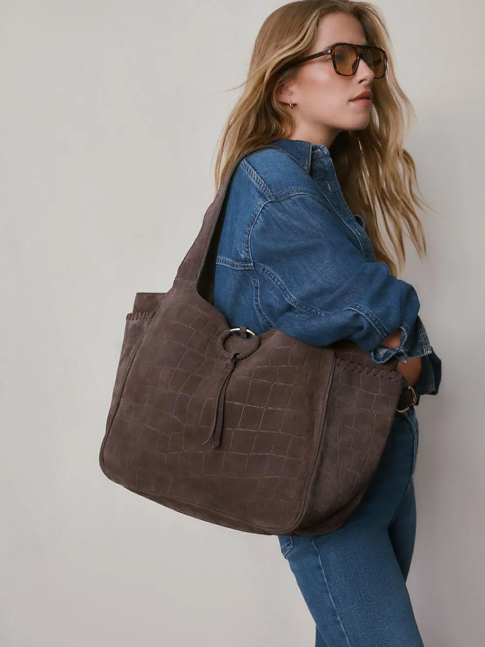Next Chocolate Brown Suede Croc Effect Shoulder Bag^Women Bags