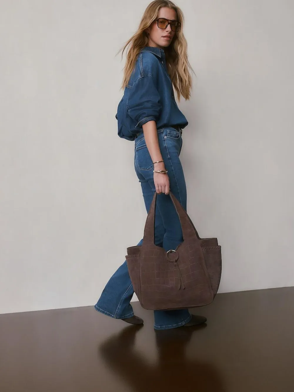 Next Chocolate Brown Suede Croc Effect Shoulder Bag^Women Bags