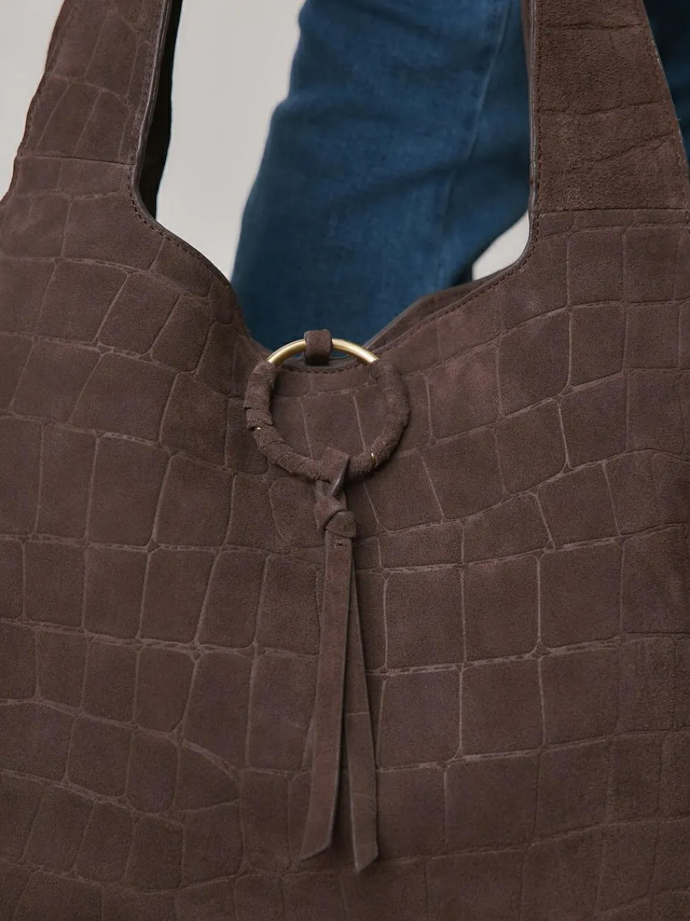 Next Chocolate Brown Suede Croc Effect Shoulder Bag^Women Bags