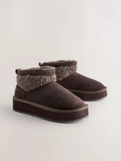 Discount Next Faux Fur Borg Platform Boots Chocolate Brown Suede