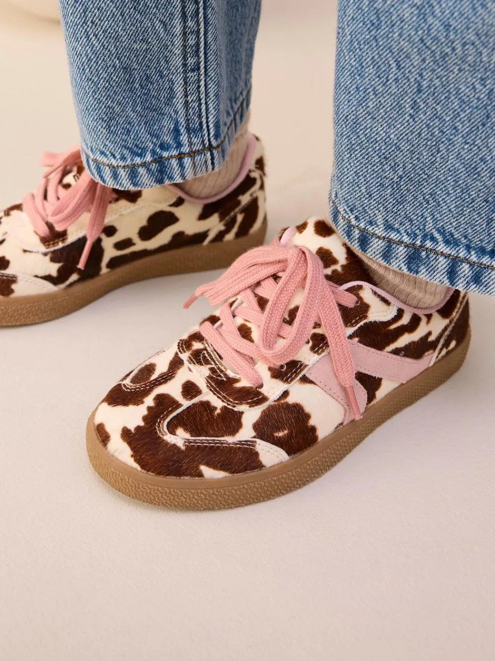 Next Cow Print Leather Standard Fit (F) Retro Trainers^ Sneakers