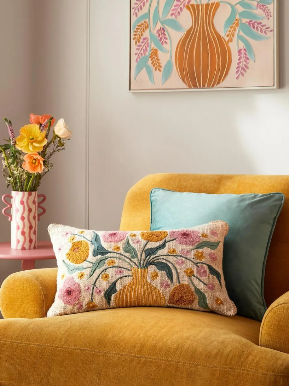 Next Cream 50 x 30cm Embroidered Flower Vase 100% Cotton 50 x 30cm Cushion^ Cushions & Throws