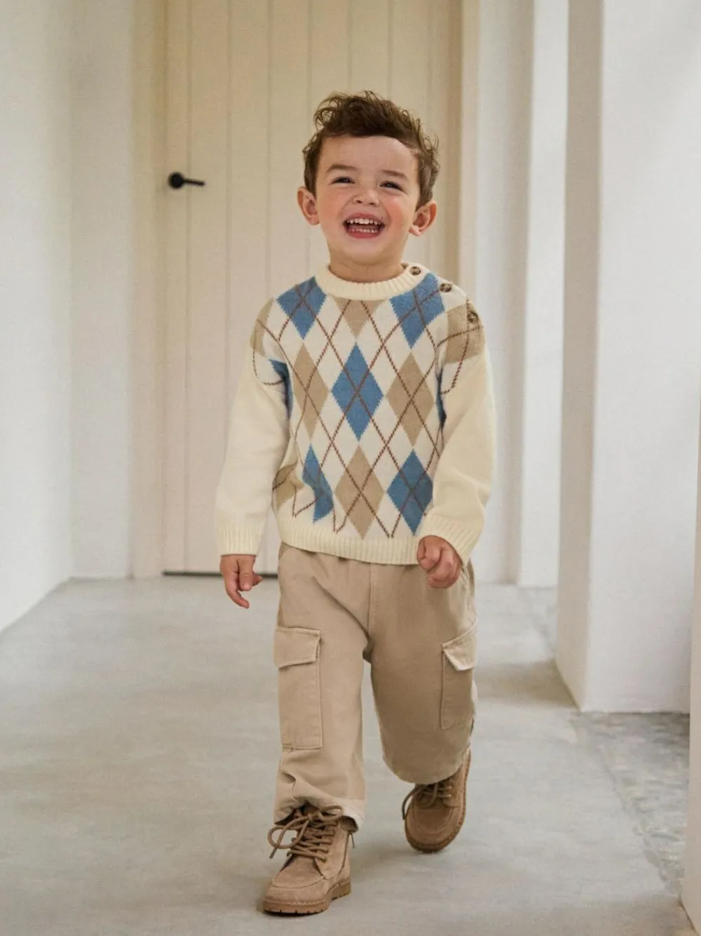 New Next Knitted Crew Neck Cotton Jumper (3mths-7yrs) Cream Argyle