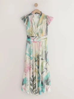 Next Pleated Mesh Print V-Neck Occasion Maxi Dress^Women Occasion Dresses|Maxi Dresses