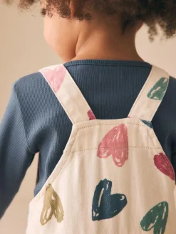 Clearance Next Ecru Heart Print Dungarees and T-Shirt Set (3mths-7yrs)