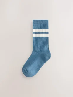 New Next Ecru/Blue/Mineral Cushioned Footbed Cotton Rich Ribbed Tipped Socks 5 Pack