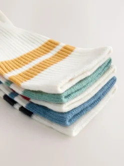 New Next Ecru/Blue/Mineral Cushioned Footbed Cotton Rich Ribbed Tipped Socks 5 Pack