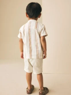 Best Next Ecru/Brown Short Sleeve Grandad Collar Textured Stripe Shirt (3mths-7yrs)
