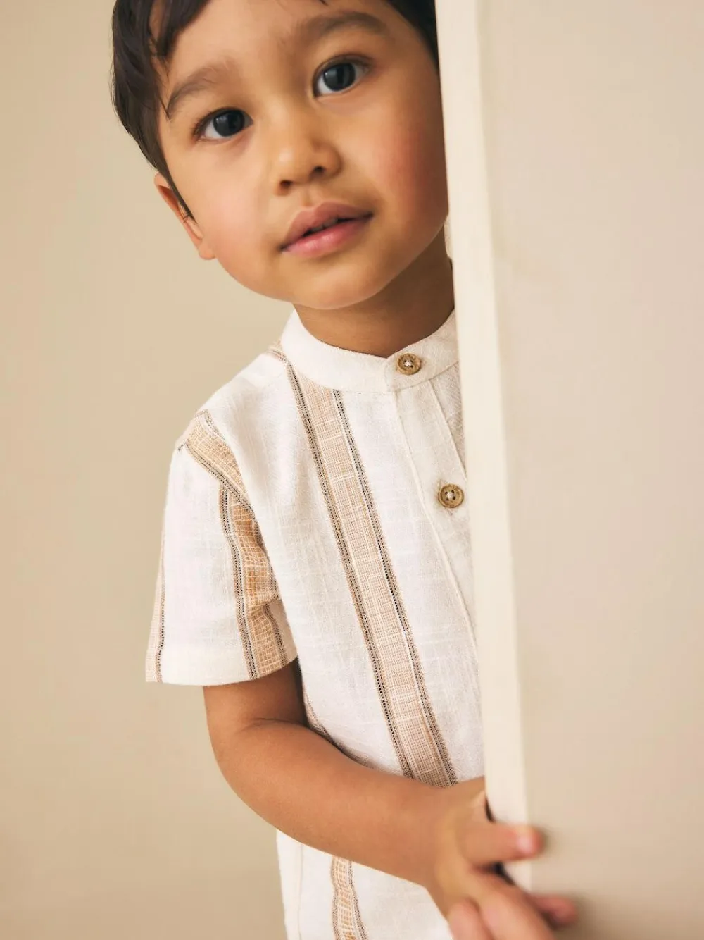 Best Next Ecru/Brown Short Sleeve Grandad Collar Textured Stripe Shirt (3mths-7yrs)
