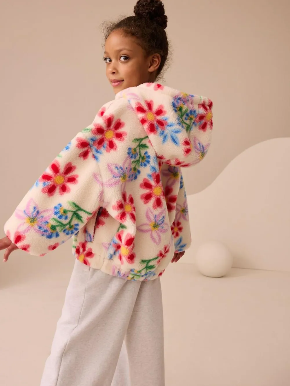 Best Next Hooded Zip Borg Fleece Jacket (3-16yrs) Ecru/Pink Floral