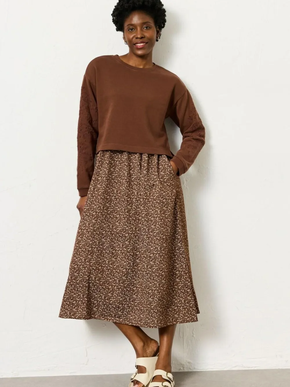 Fat Face FatFace Brown Ditsy Petite Noa 2in1 Midi Dress^Women Midi Dresses|Dresses