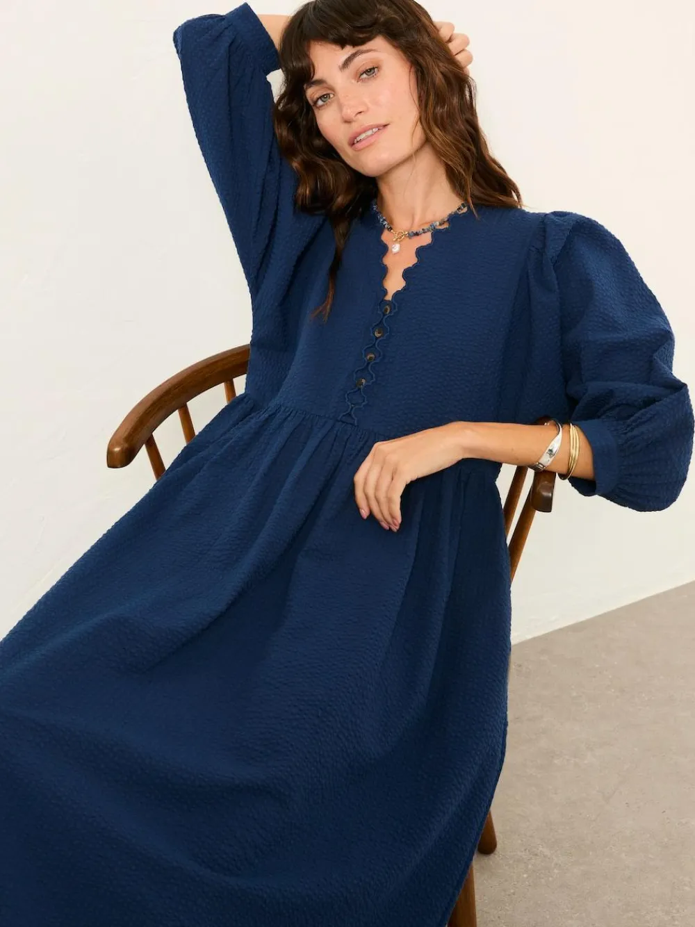 Clearance Fat Face FatFace Ceil Indigo Blue Textured Midi Dress