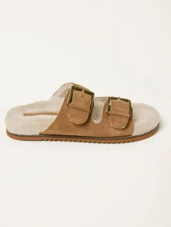 Fat Face FatFace Tan Brown Cosy Borg Lined Leather Footbed^Women Slippers