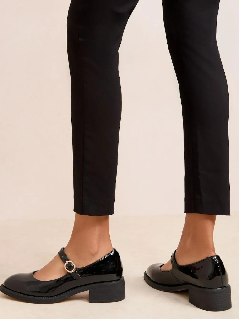 Friends Like These Black Low Block Heel Buckle Patent Faux Leather Maryjane Shoes^Women Heels