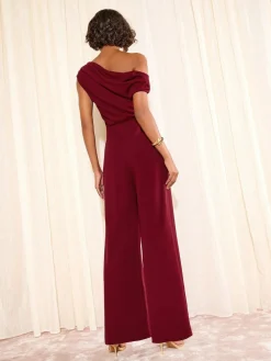 Friends Like These Off The Shoulder Scuba Wide Leg Jumpsuit Burgundy Red
