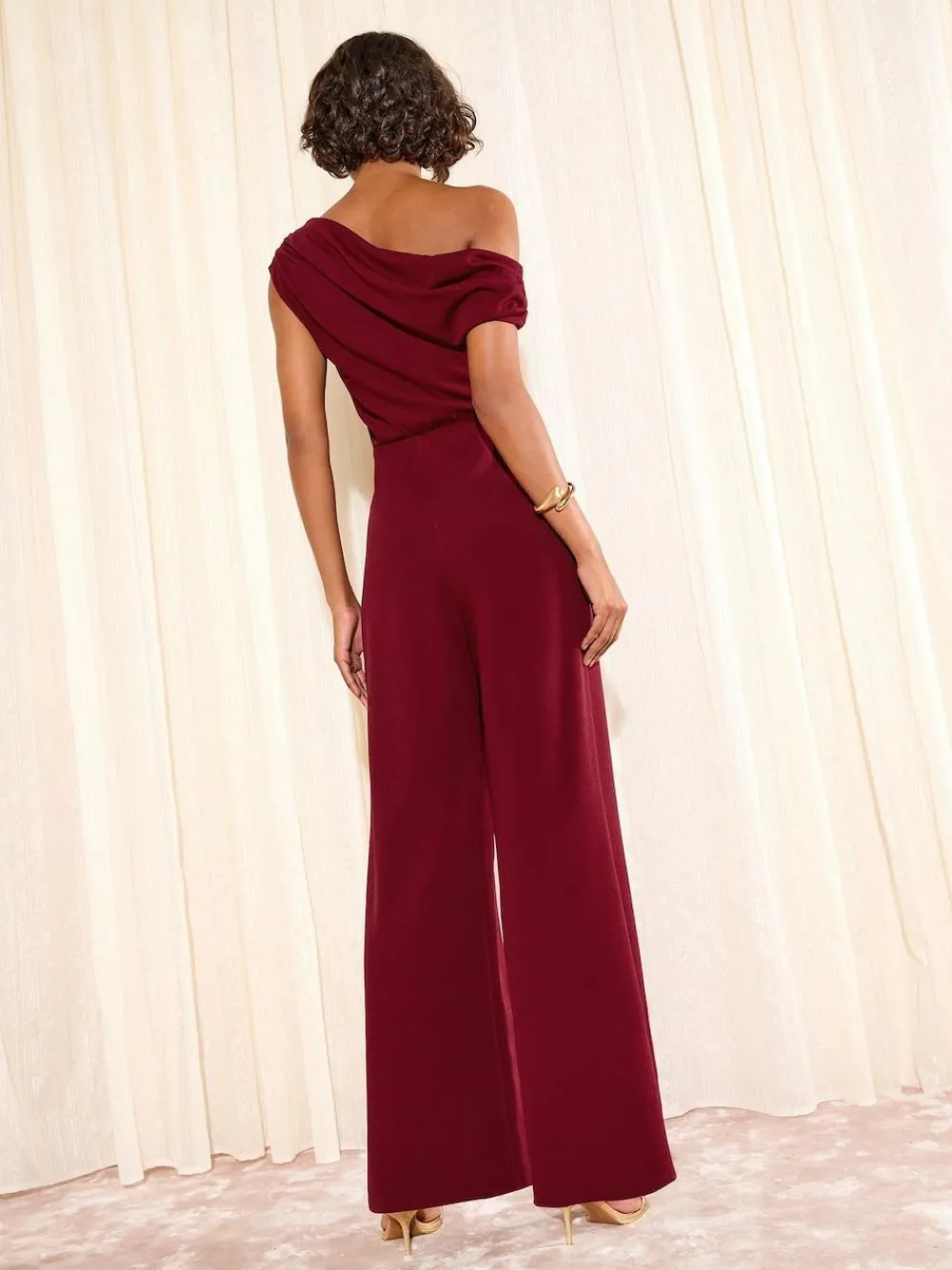 Friends Like These Off The Shoulder Scuba Wide Leg Jumpsuit Burgundy Red
