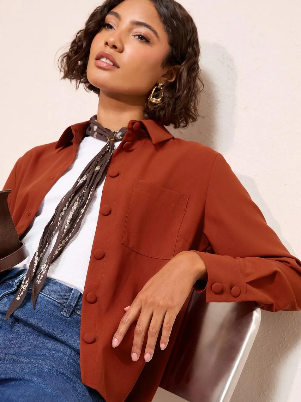 Online Friends Like These Boxy Covered Button Shirt Burnt Orange