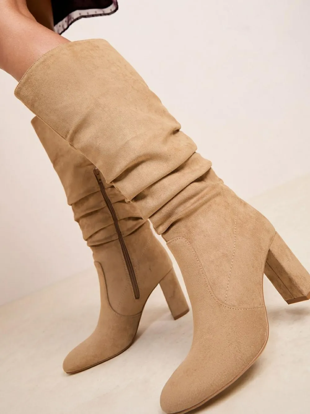 Friends Like These Standard fit Ruched Block Heel Knee High Long Faux Suede Boots^Women Boots & Wellies|Boots