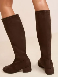 Discount Friends Like These Wide Fit Low Block Heel Faux Suede Knee High Sock Boots Chocolate Brown