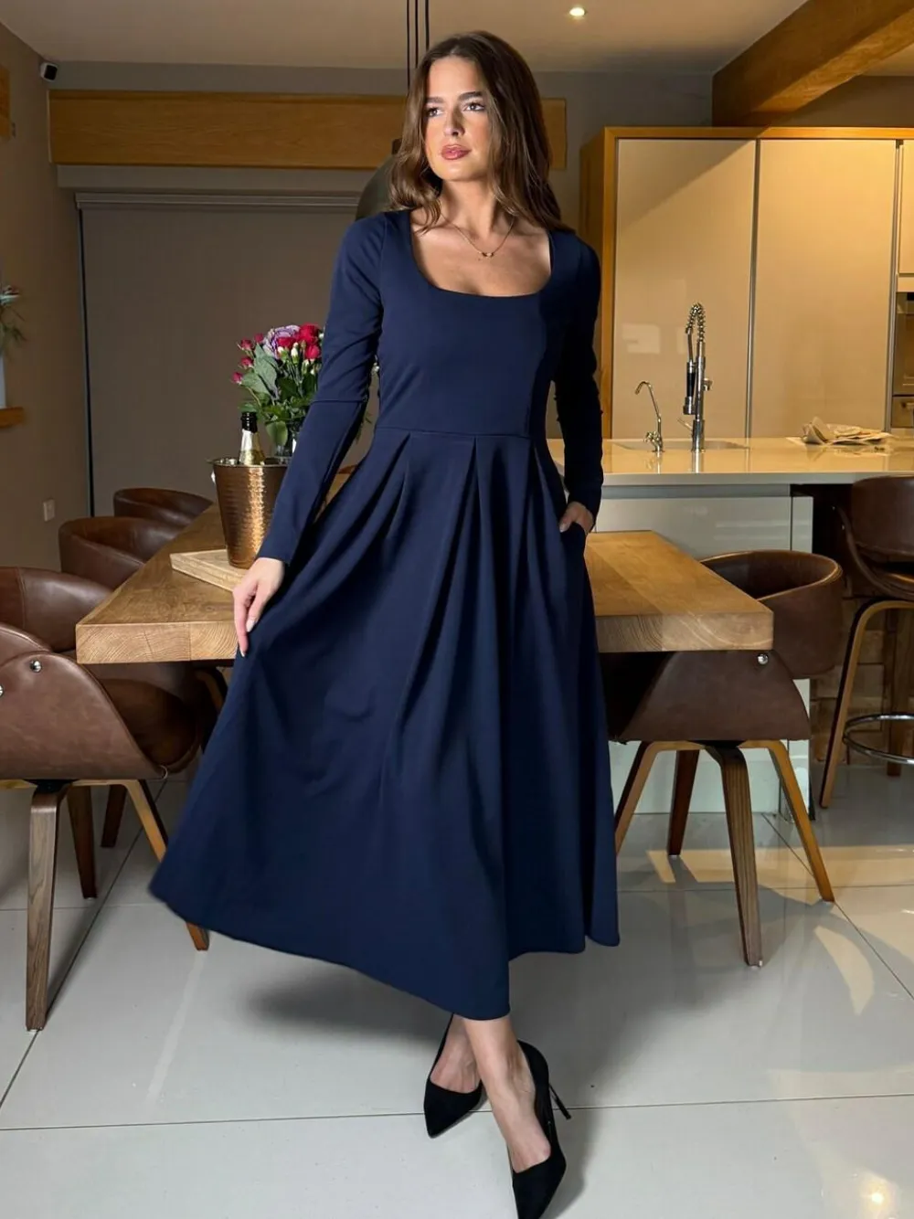 Online Girl In Mind Blue Evie Square Neck Long Sleeve Midi Dress