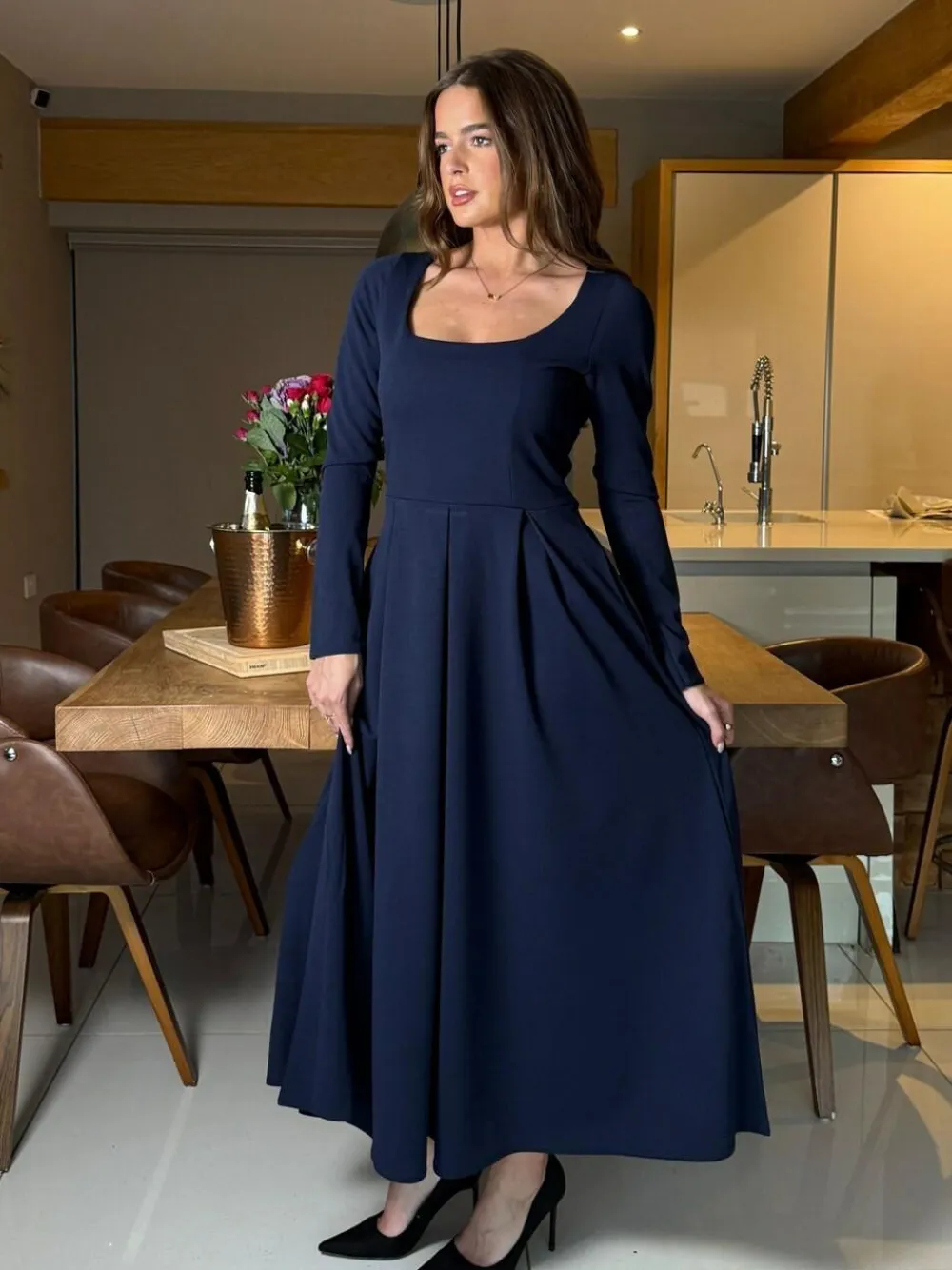 Online Girl In Mind Blue Evie Square Neck Long Sleeve Midi Dress