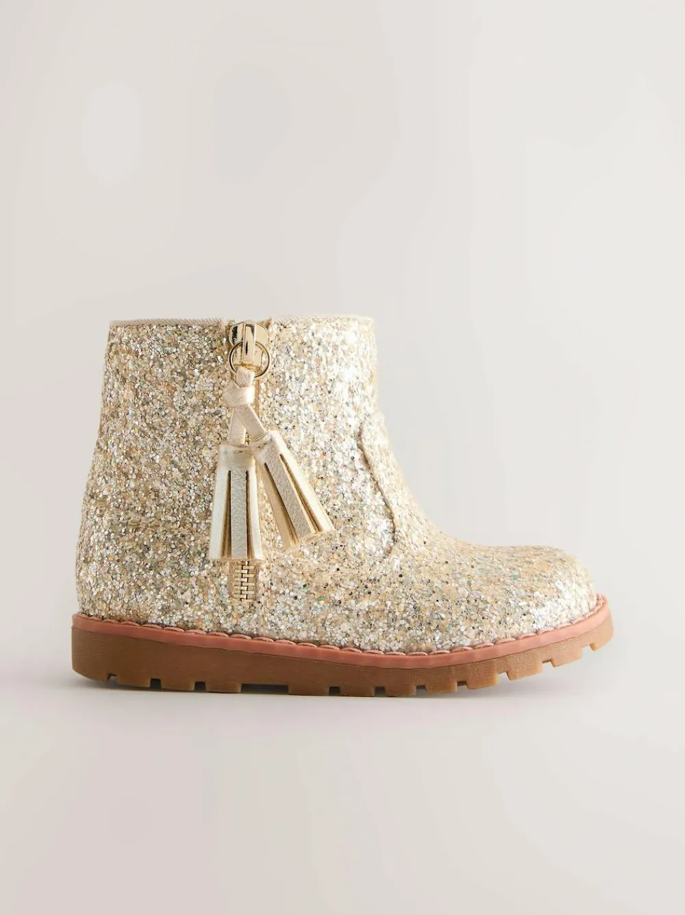 Online Next Gold Glitter Wide Fit (G) Chelsea Zip Tassel Ankle Boots