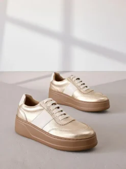 Next Lace Up Signature Premium Leather Chunky Wedge Lace-Up Trainers Gold