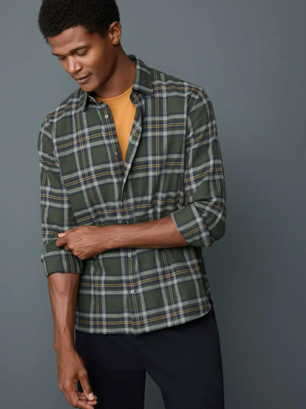 Next Regular Fit Easy Iron Button Down Oxford Shirt Green Blackwatch